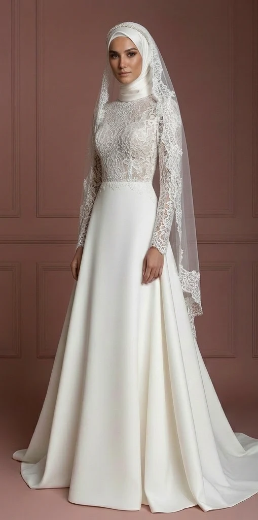 Hijab Bridal Gown Long Sleeve Modest Wedding Dress Set Muslim - Image 2