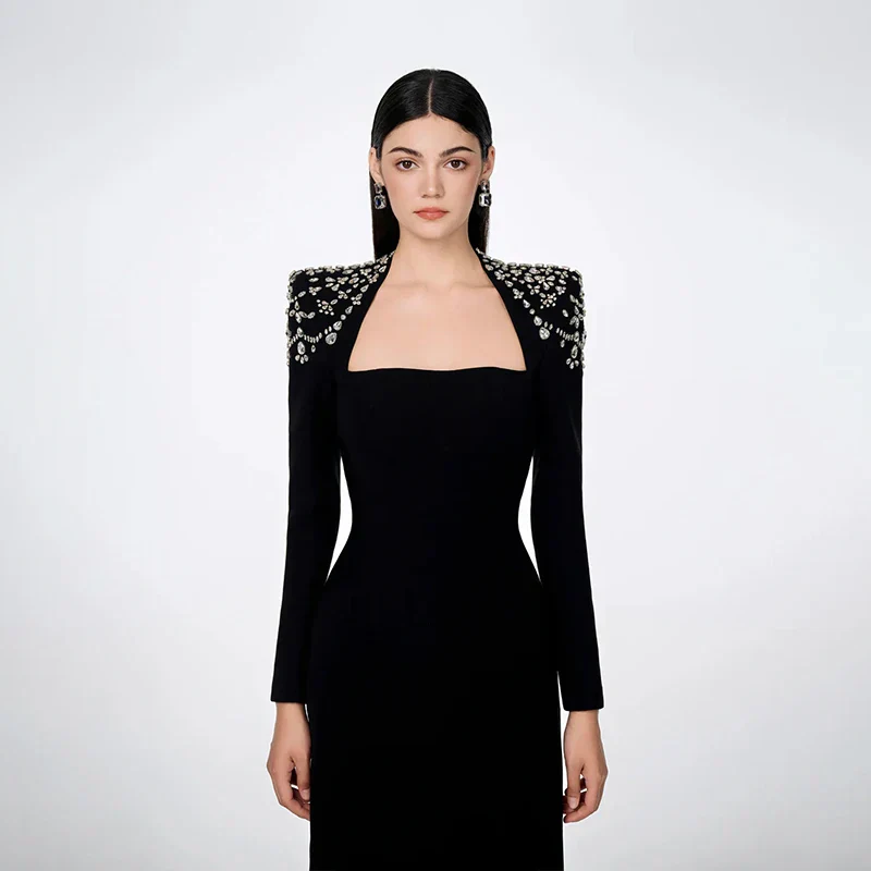 Black Winered Women Long Sleeve Square Collar Shinning Crystal Bodycon Long Bandage Dress Elegant Evening Party Wear - Image 5