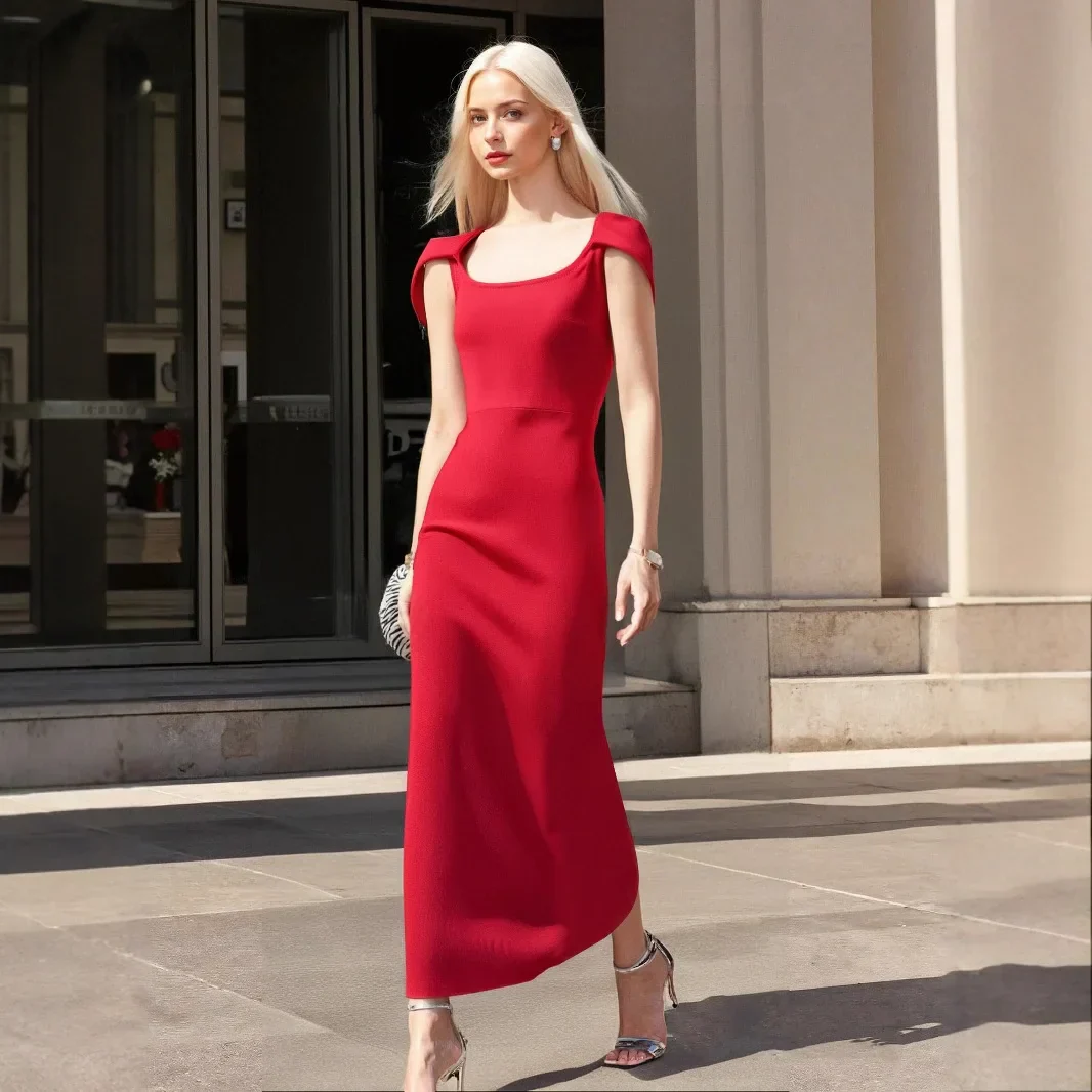 Red Color Women Sexy Short Sleeve Square Collar Bodycon Long Bandage Dress Elegant Evening Party Wedding Wear - Image 2