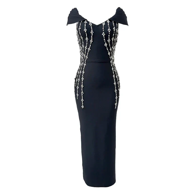 Shinning Crystal Women Sexy Short Sleeve V-Neck Bodycon Bandage Long Dress Elegant Evening Party Celebrate Outfit - Image 3