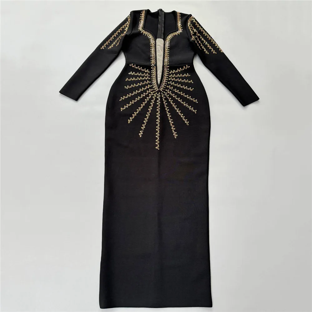 Women Long Sleeve Sexy Shinning Golden Rhinestones Bodycon Long Bandage Dress Celebrate Nightclub Party Outfit - Image 4
