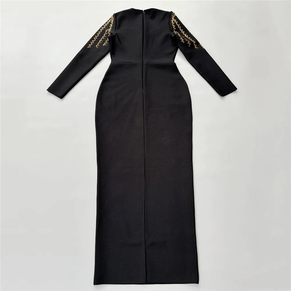 Women Long Sleeve Sexy Shinning Golden Rhinestones Bodycon Long Bandage Dress Celebrate Nightclub Party Outfit - Image 5