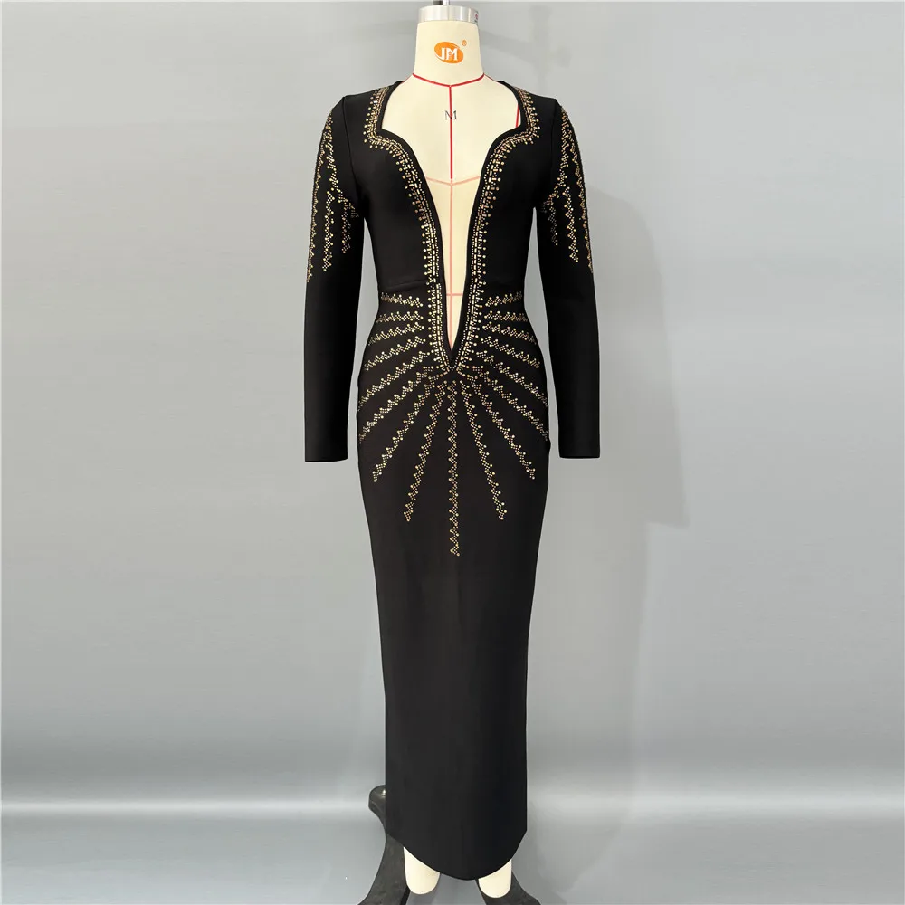 Women Long Sleeve Sexy Shinning Golden Rhinestones Bodycon Long Bandage Dress Celebrate Nightclub Party Outfit - Image 6