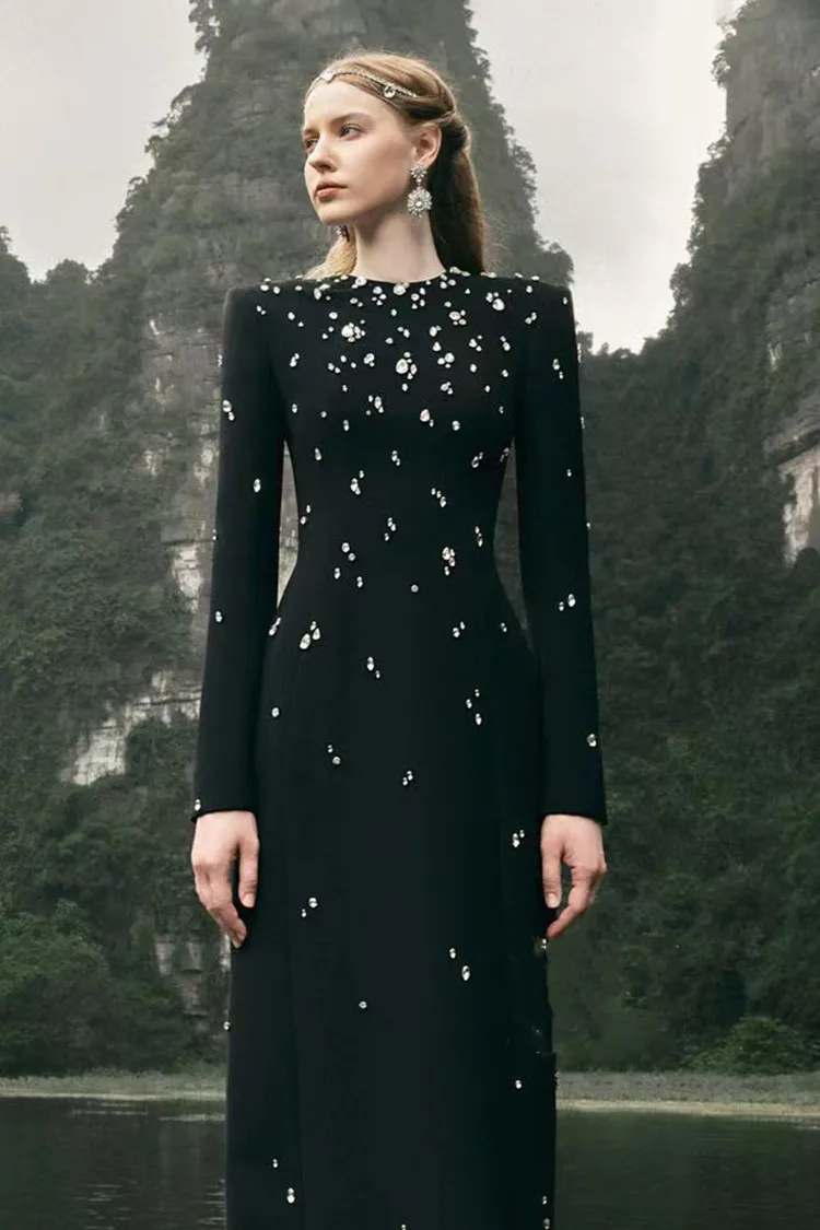 Women Long Sleeve Shinning Crystal Bodycon Long Bandage Dress Elegant Evening Party Occation Celebrate Outfit - Image 2