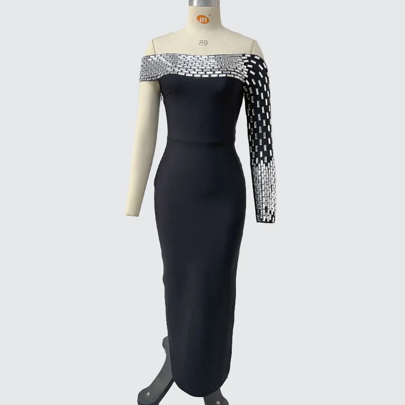 Women Sexy One Shoulder Sparkly Crystal Bodycon Long Bandage Dress Evening Party Red Carpet Fashion Outfit Vestido - Image 3