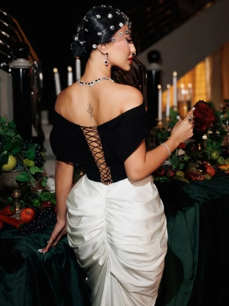 Women Sexy Slash Neck Off the Shoulder Laced-up Bodycon Floor-length Dress Evening Party Celebrate Cocktail Outfit - Image 3