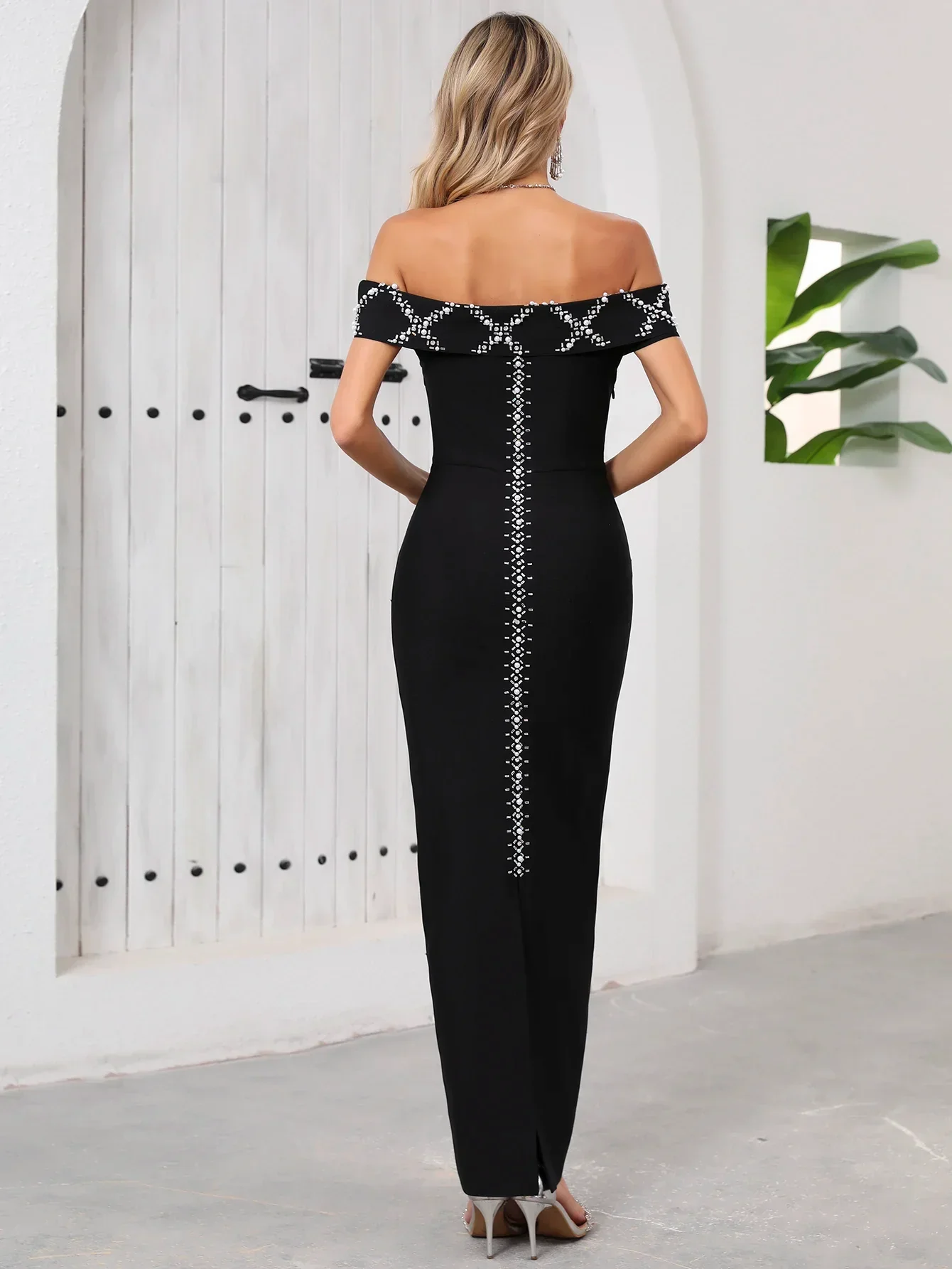 Women Sexy Slash Neck Off the Shoulder Shinning Diamond Bodycon Long Bandage Dress Elegant Evening Party Dress - Image 6