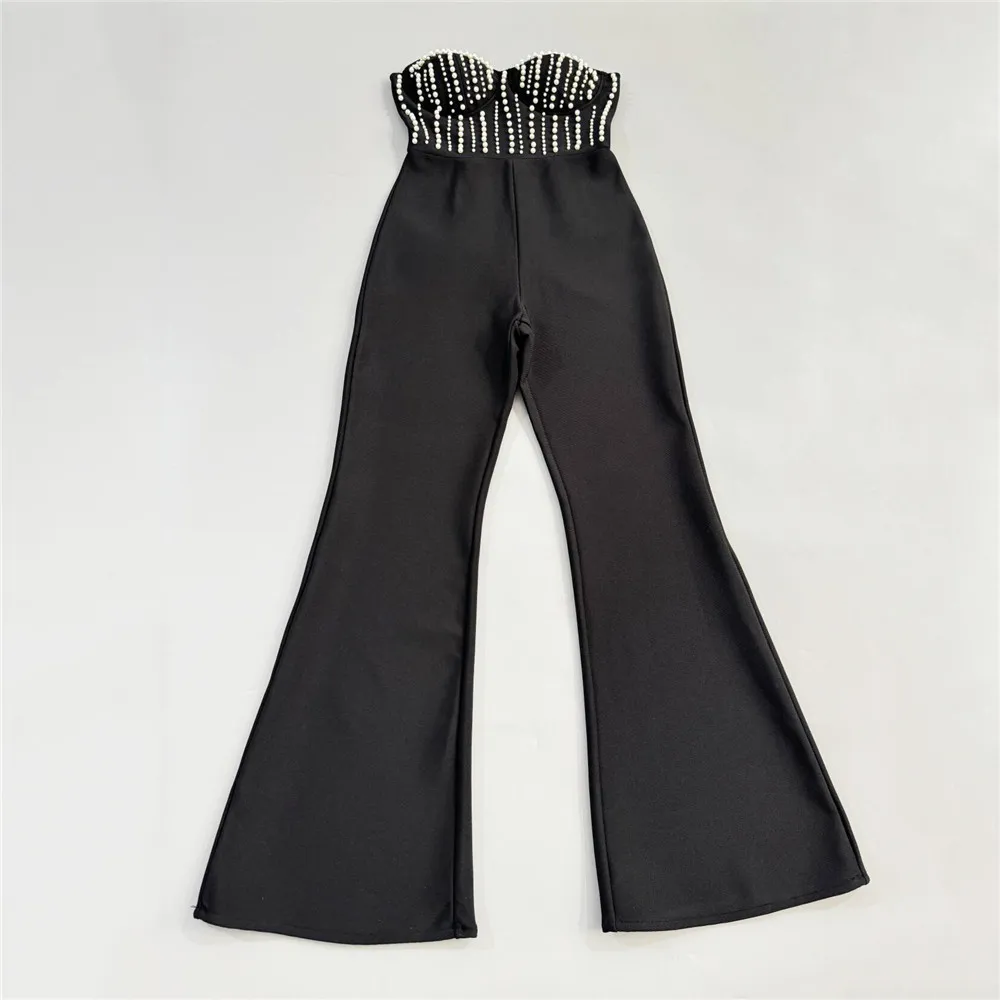 Women Sexy Strapless Shinning Pearl Beading Bodycon Long Bandage Jumpsuit Celebrate Evening Party Birthday Wear - Image 5