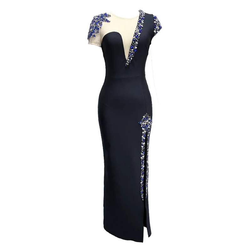 Women Short Sleeve Shinning Crystal Bodycon Bandage Long Dress Celebrity Singer Performance Costume Stage Wear - Image 6