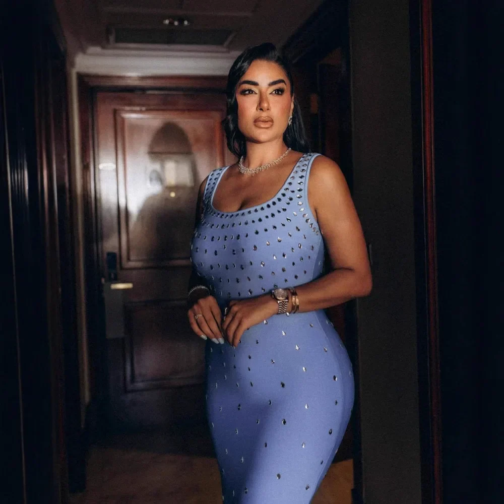 Women Sleeveless Sexy O-Neck Shinning Crystal Bodycon Bandage Long Dress Evening Party Celebrate Cocktail Outfit - Image 2