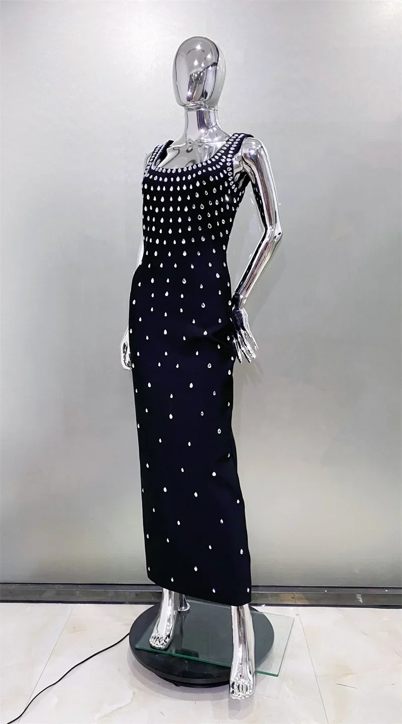 Women Sleeveless Sexy O-Neck Shinning Crystal Bodycon Bandage Long Dress Evening Party Celebrate Cocktail Outfit - Image 3