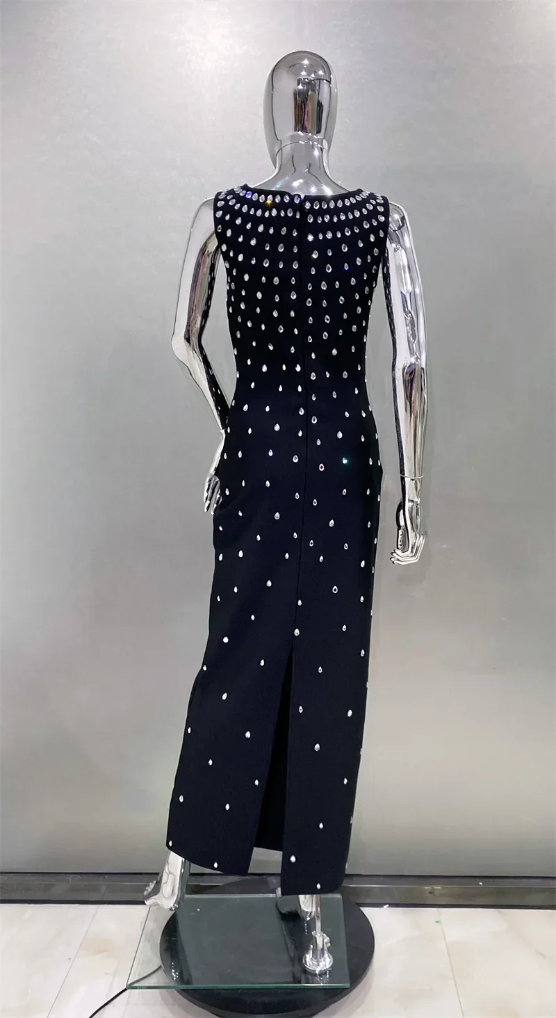 Women Sleeveless Sexy O-Neck Shinning Crystal Bodycon Bandage Long Dress Evening Party Celebrate Cocktail Outfit - Image 4