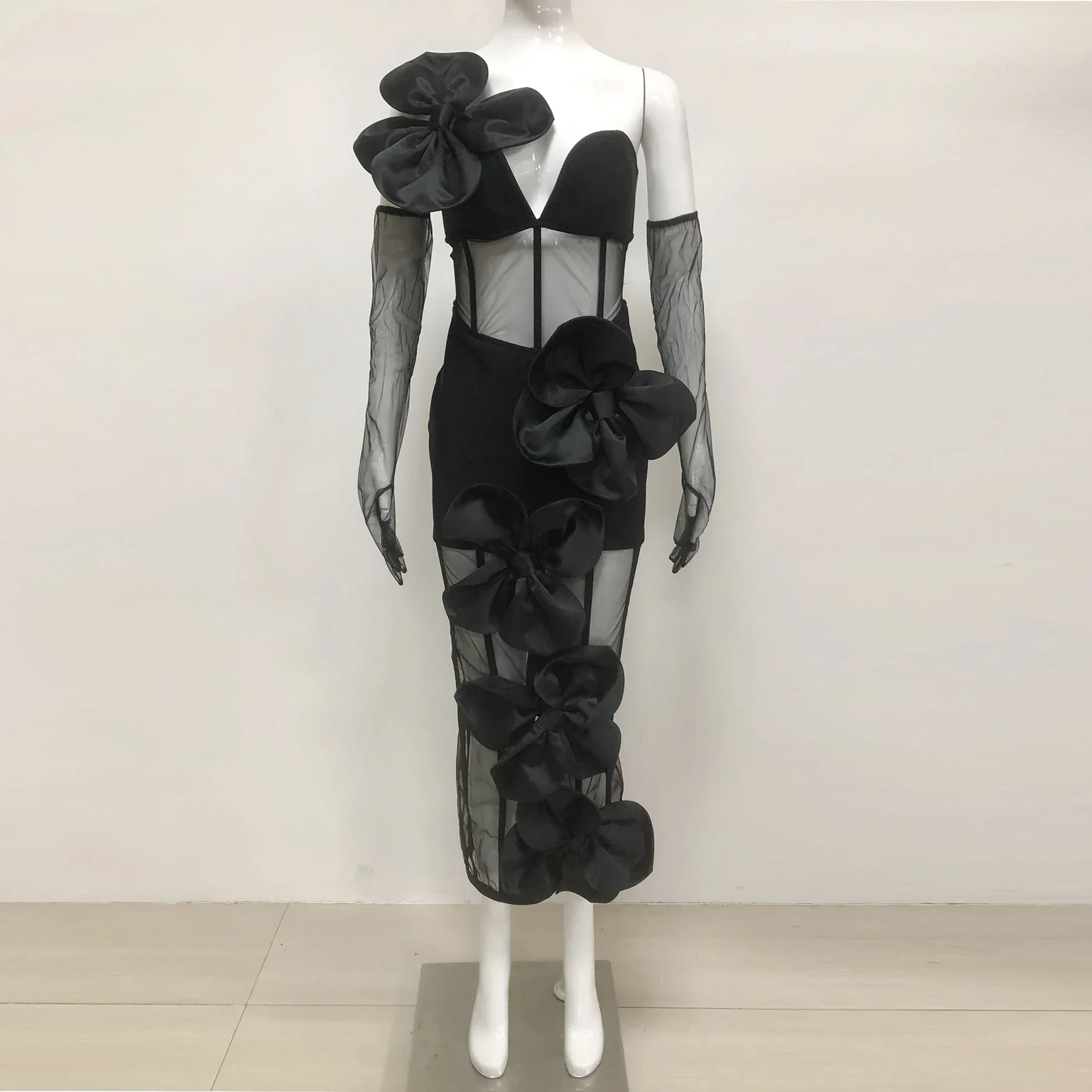 Women Sleeveless Sexy One Shoulder Floral Mesh See Through Bodycon Bandage Long Dress Celebrate Nightclub Party Wear