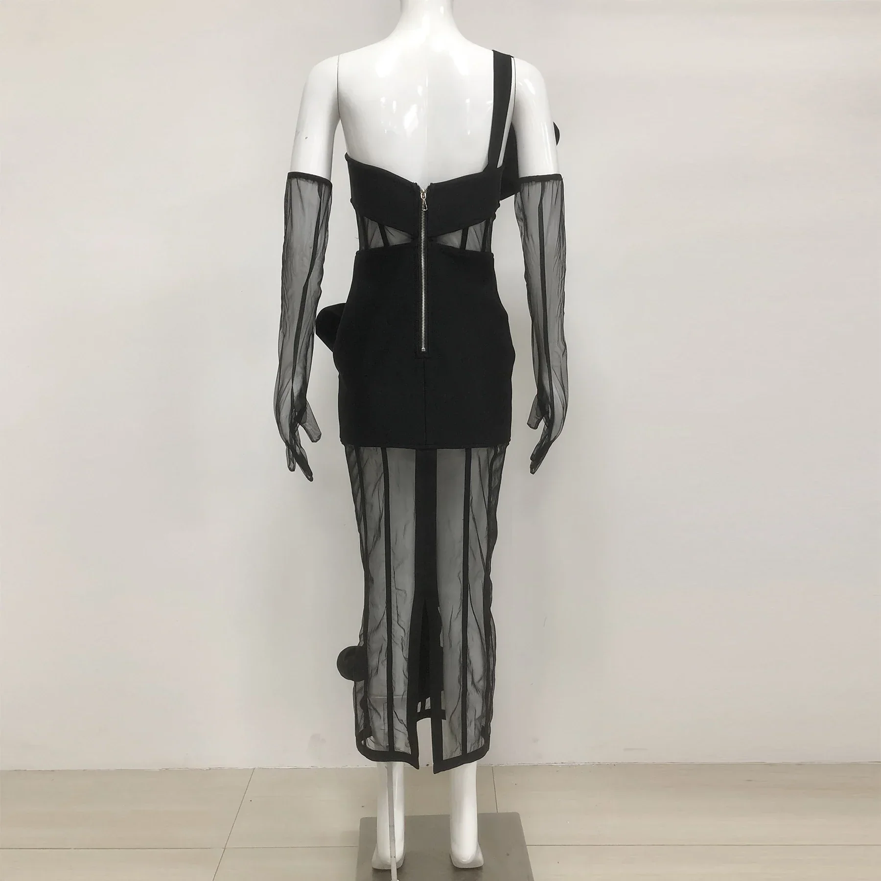 Women Sleeveless Sexy One Shoulder Floral Mesh See Through Bodycon Bandage Long Dress Celebrate Nightclub Party Wear - Image 2