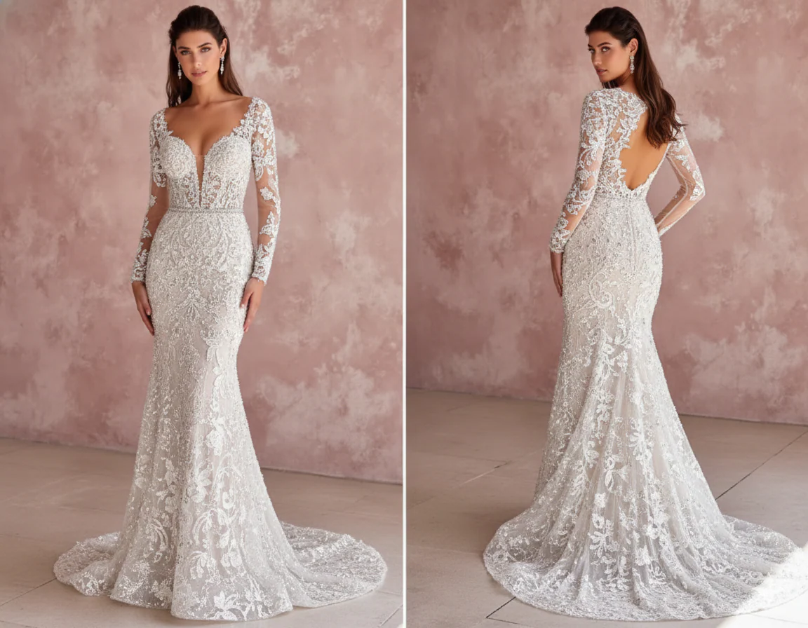 Long Rustic Sleeve Wedding Dress Country Style Lace Trim