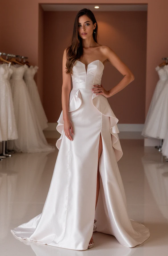 Trendy White A-Line Bridal Gown with Off-Shoulder Draping and Elegant Silhouette - Image 5