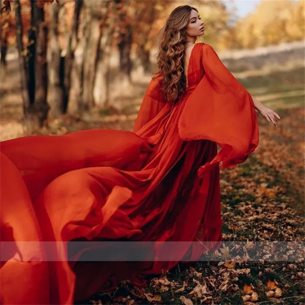 Trumpet Sleeve 30D Chiffon فساتين السهرة Red Long Sweep Train Flying Prom Dress Sexy V-neck A-line Prom Gown - Image 4