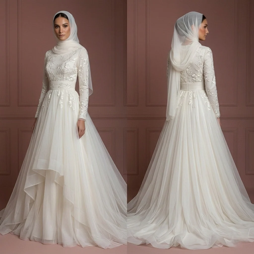 Tulle Flowing Nikah Wedding Dress – Soft Ivory Muslim Outfit