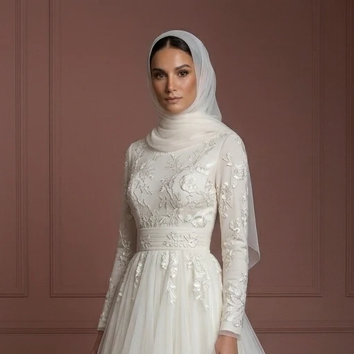 Tulle Flowing Nikah Wedding Dress – Soft Ivory Muslim Outfit - Image 4