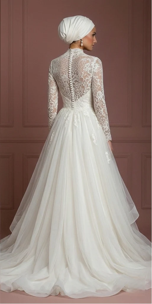Tulle & Lace Elegant Wedding Dress – Soft Ivory Hijab Outfit Muslim - Image 3