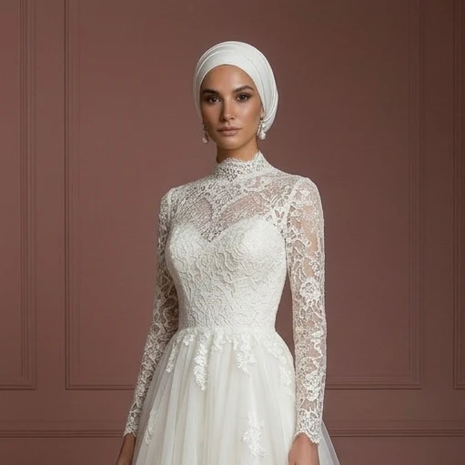 Tulle & Lace Elegant Wedding Dress – Soft Ivory Hijab Outfit Muslim - Image 4