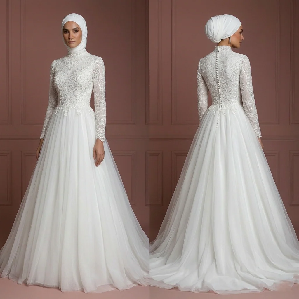 Tulle Layered Ball Gown – Pearl White Modest Bridal Hijab Style Wedding Dress Muslim