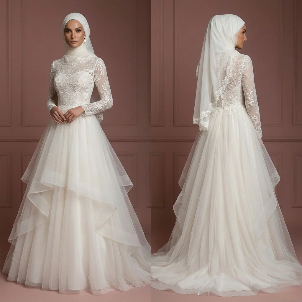 Tulle Layered Bridal Wedding Dress – Soft Ivory Elegant Hijab Outfit Muslim