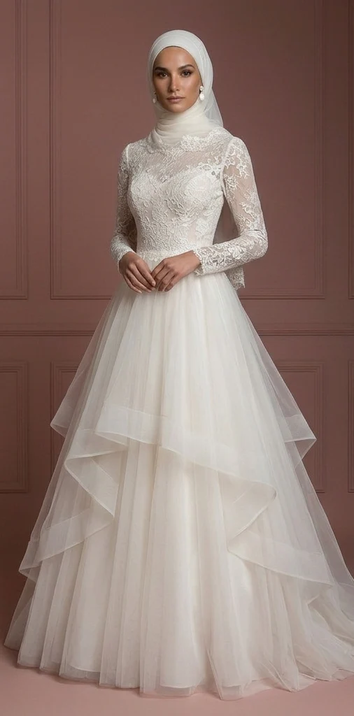 Tulle Layered Bridal Wedding Dress – Soft Ivory Elegant Hijab Outfit Muslim - Image 2
