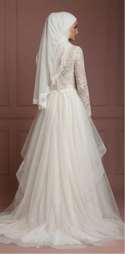 Tulle Layered Bridal Wedding Dress – Soft Ivory Elegant Hijab Outfit Muslim - Image 3