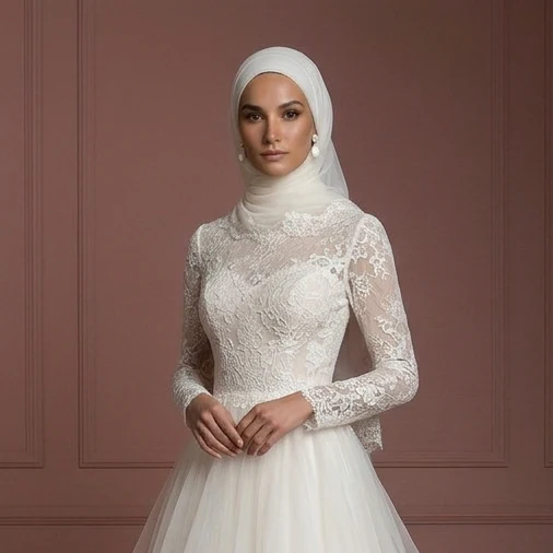 Tulle Layered Bridal Wedding Dress – Soft Ivory Elegant Hijab Outfit Muslim - Image 4