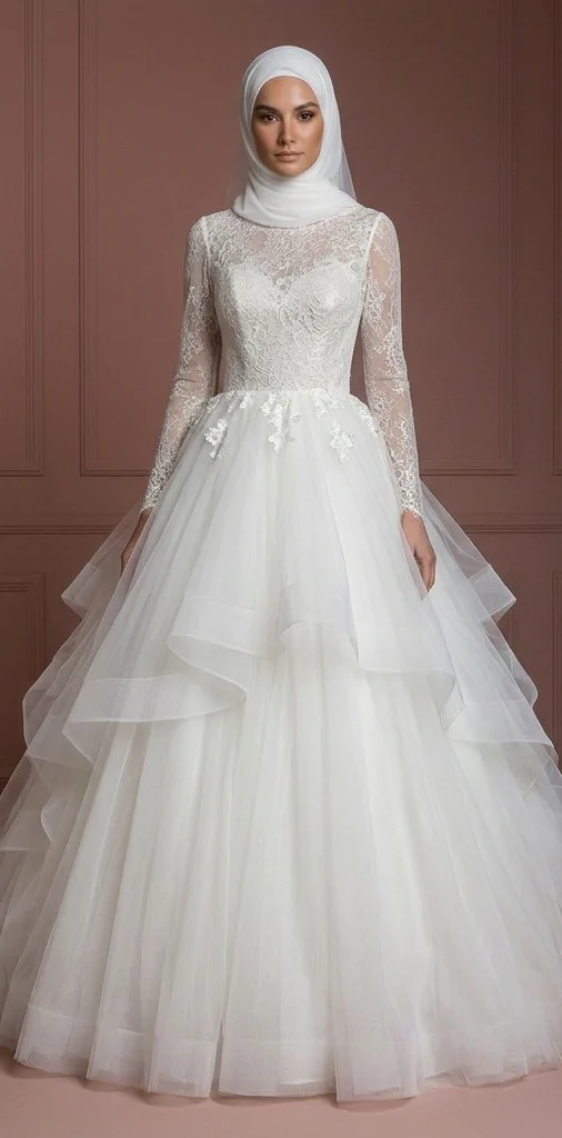 Tulle Layered Hijab Wedding Dress – Princess Style in Soft White Muslim - Image 2