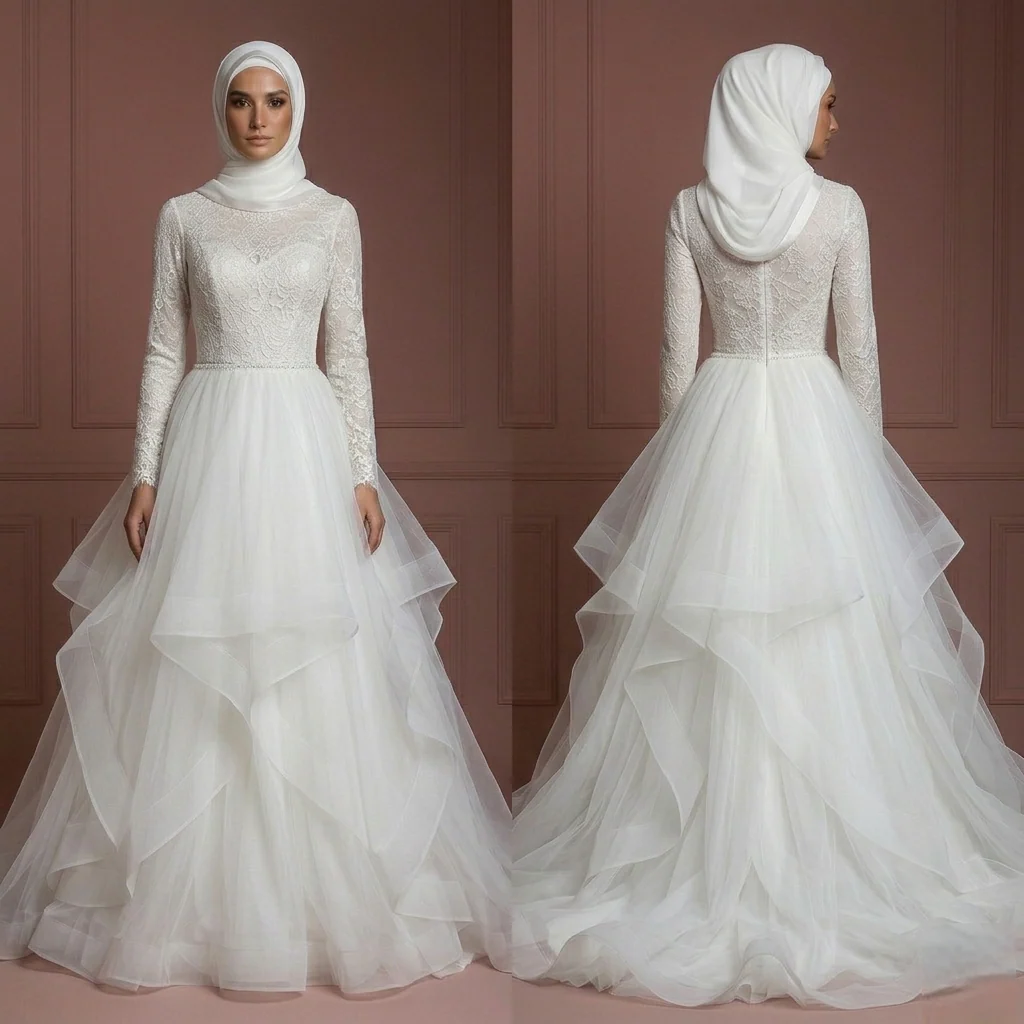 Tulle Layered Nikah Wedding Dress – Soft White Princess Style with Hijab Muslim