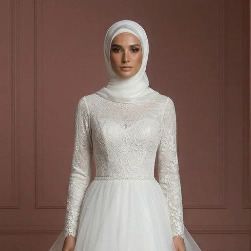 Tulle Layered Nikah Wedding Dress – Soft White Princess Style with Hijab Muslim - Image 4