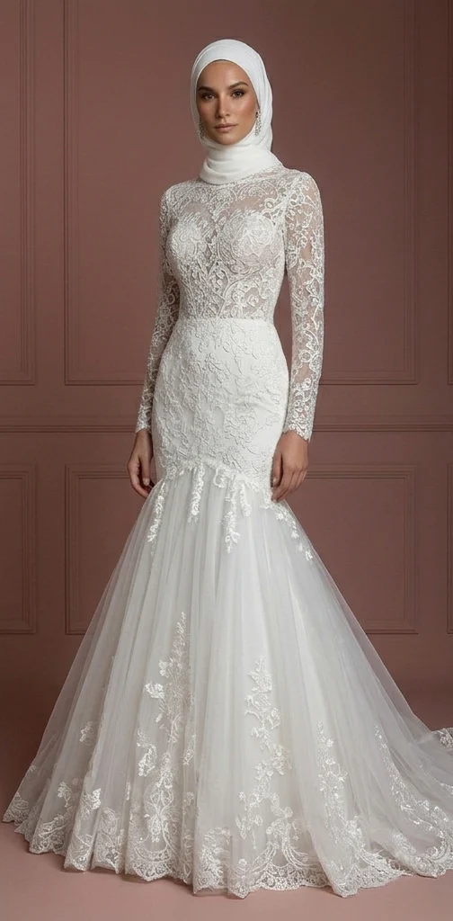 Tulle Mermaid Wedding Dress – Pearl White Hijab-Friendly Style Muslim - Image 2