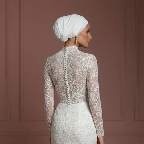 Tulle Mermaid Wedding Dress – Pearl White Hijab-Friendly Style Muslim - Image 5