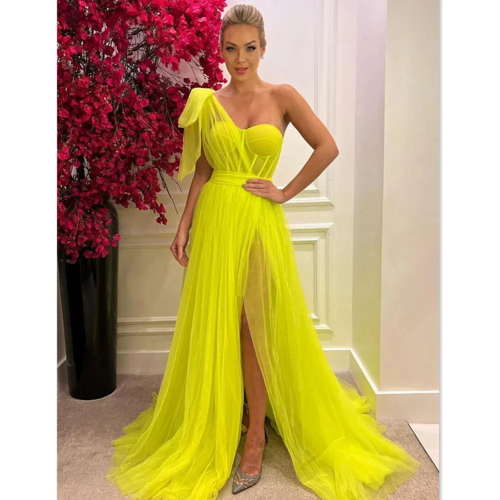 Tulle One Shoulder вечернее платье люкс Rose Pink A-line Prom Dress Sexy Side Split Party Dress Custom Evening Dress - Image 5