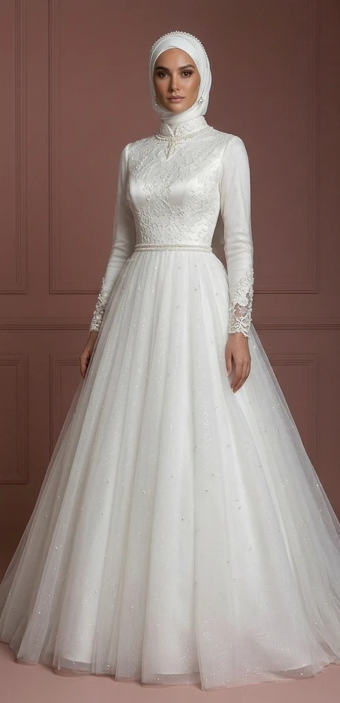 Tulle Princess Bridal Wedding Dress – Pearl White for Modern Hijab Brides Muslim - Image 2