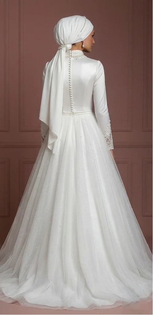 Tulle Princess Bridal Wedding Dress – Pearl White for Modern Hijab Brides Muslim - Image 3