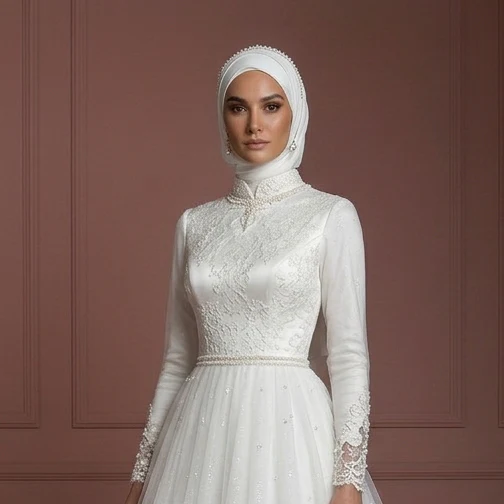 Tulle Princess Bridal Wedding Dress – Pearl White for Modern Hijab Brides Muslim - Image 4