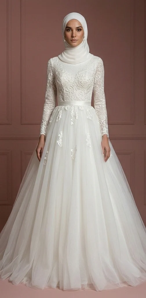 Tulle Princess Wedding Dress with Hijab – Soft Ivory for Brides Muslim - Image 2