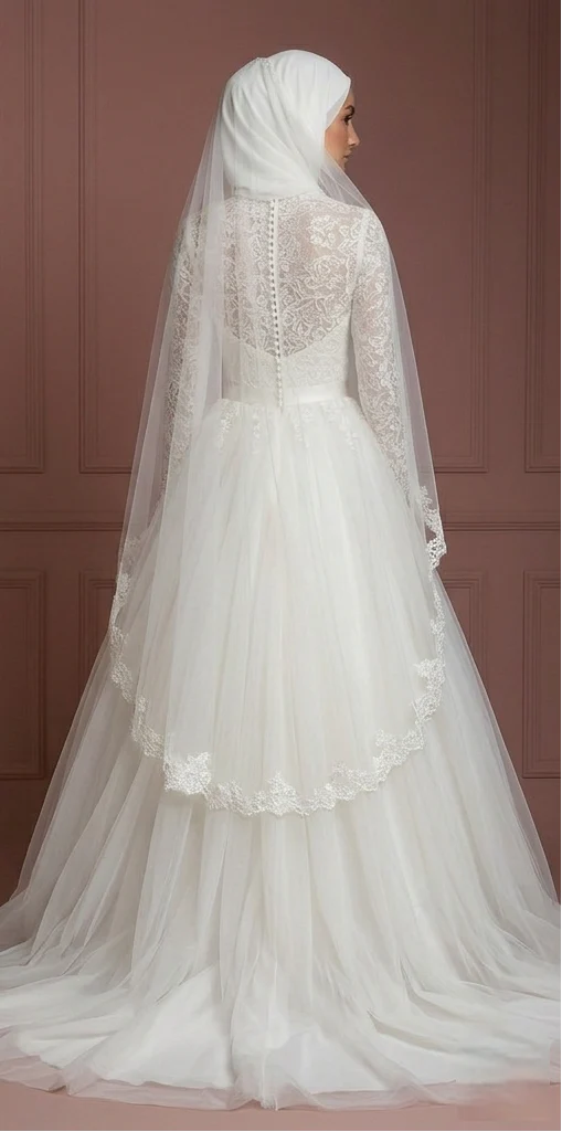 Tulle Princess Wedding Dress with Hijab – Soft Ivory for Brides Muslim - Image 3