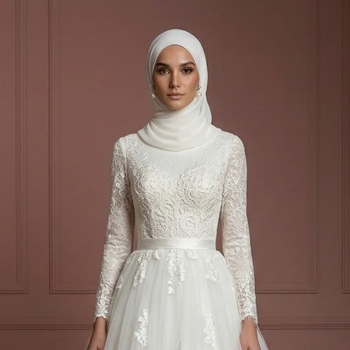Tulle Princess Wedding Dress with Hijab – Soft Ivory for Brides Muslim - Image 4