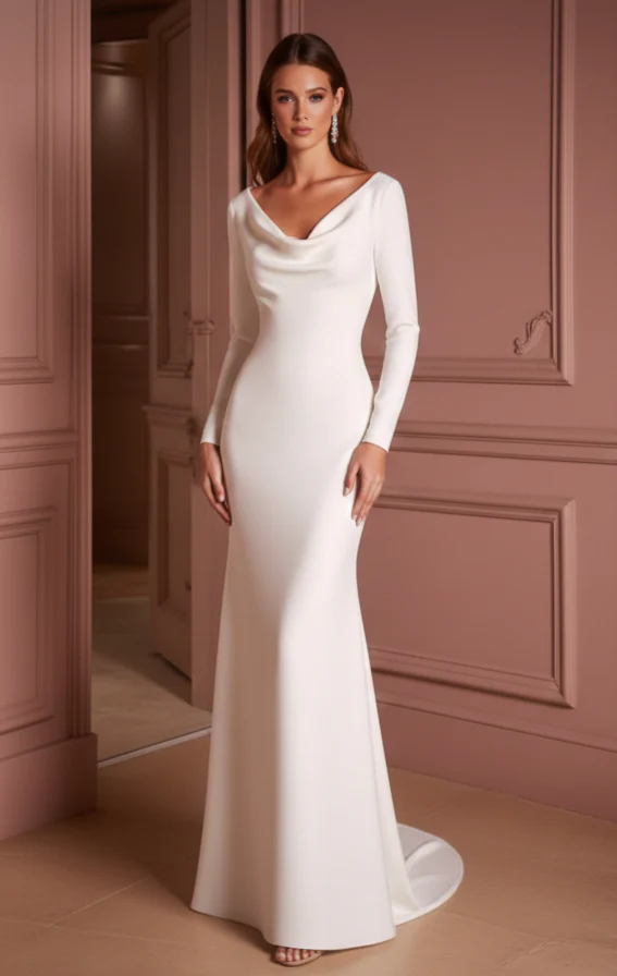 Long Simple Sleeve Wedding Dress Classic Mermaid Fit Gown - Image 2