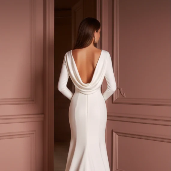 Long Simple Sleeve Wedding Dress Classic Mermaid Fit Gown - Image 5