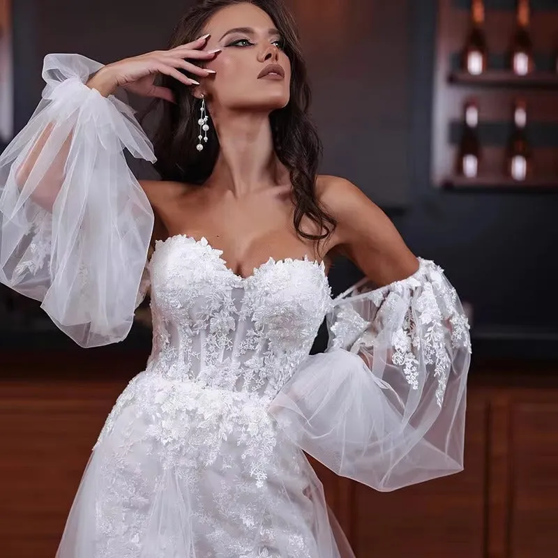 Two In One Detachable Short Wedding Dresses Lace Sweetheart Tulle Puff Long Sleeves Bridal Gowns Dubai Robe de mariage - Image 2