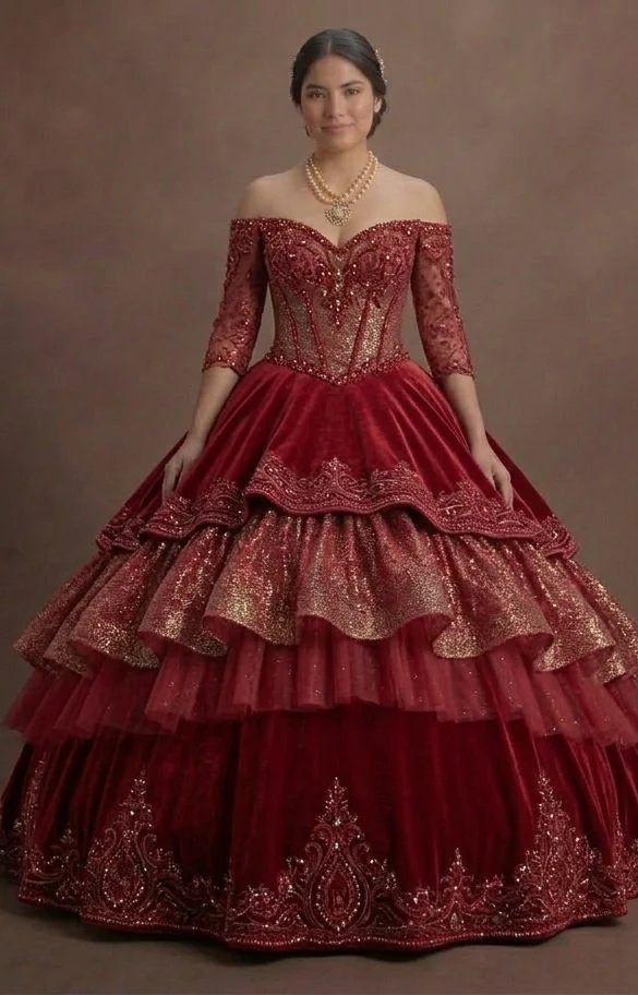 Two-Piece Red Quinceañera Dress Sparkle Fabric Design - Image 2