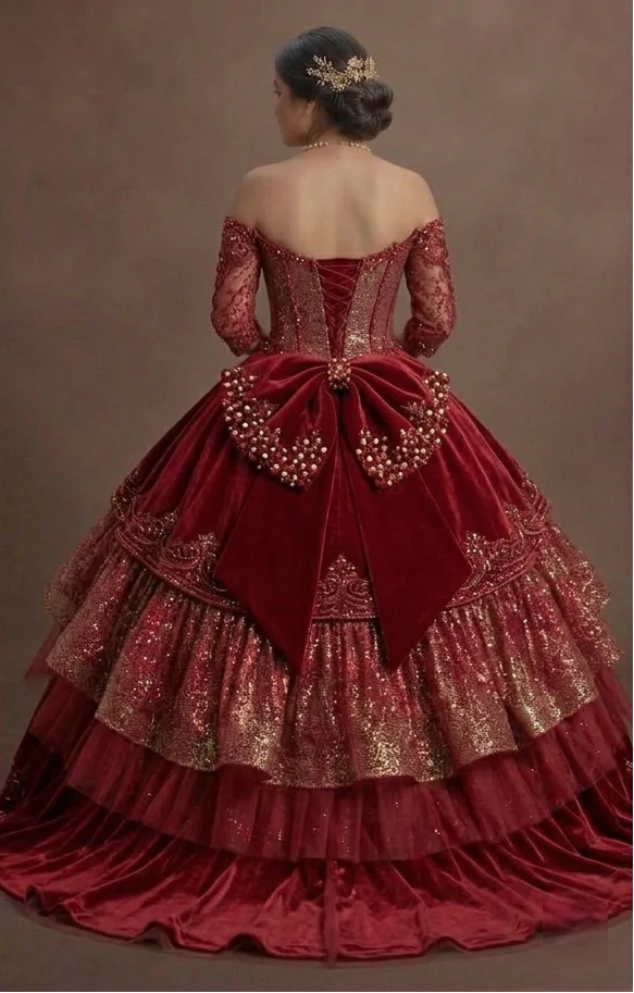 Two-Piece Red Quinceañera Dress Sparkle Fabric Design - Image 3