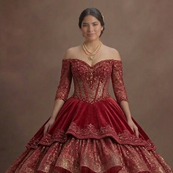 Two-Piece Red Quinceañera Dress Sparkle Fabric Design - Image 4