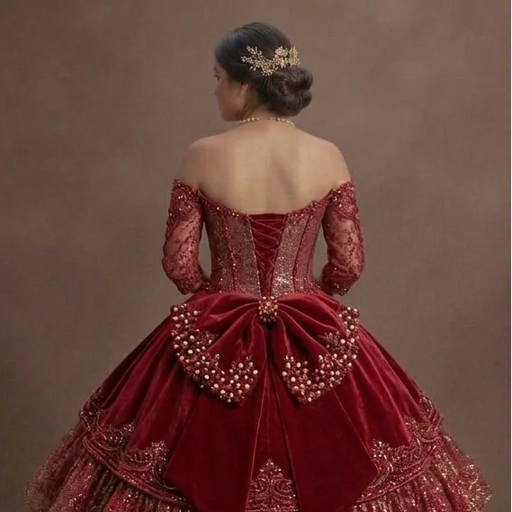 Two-Piece Red Quinceañera Dress Sparkle Fabric Design - Image 5