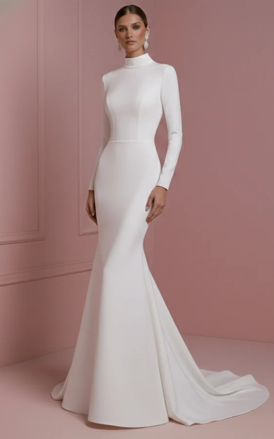 Long Pearl Trim Wedding Dress Classic Mermaid Tulle Gown - Image 2